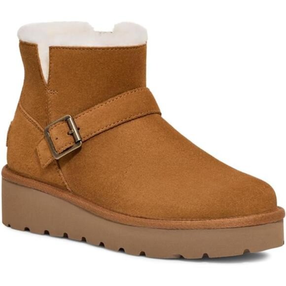 Womens suede mini boots faux fur lining wedge heel zipper buckle casual shoes